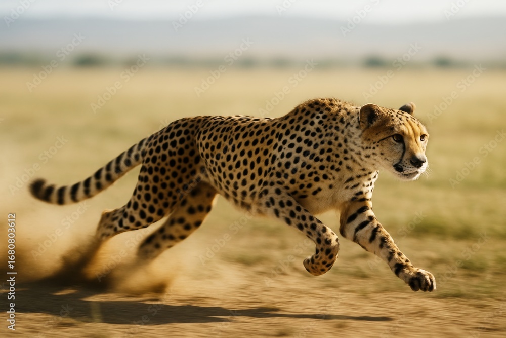 Poster cheetah sprinting across dusty savannah during golden hour with blurred background emphasizing speed