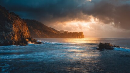 Dramatic coastal sunset over rocky shoreline. AI image