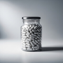 Glass jar with pills. Created using generative AI tools