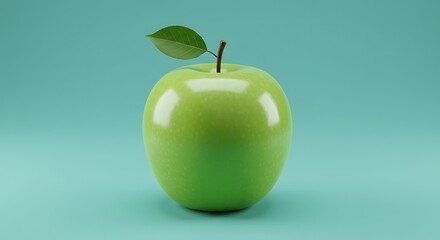 A single shiny green apple with a leaf on a teal background evokes healthy eating and freshness for advertising and nutritional concepts