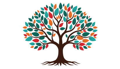 Vibrant abstract tree with colorful leaves in shades of green blue red and orange showcasing roots and branches against a clean white background