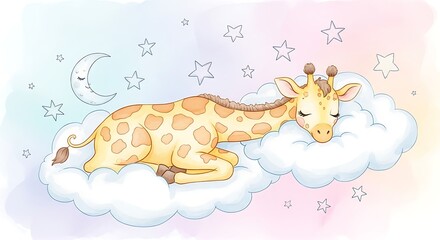 Sleeping giraffe on a cloud under starry sky stars
