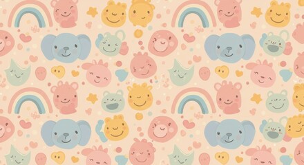 Cute Cartoon Animal Pattern with Rainbows and Hearts.