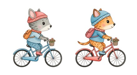 Two cartoon animals riding bicycles illustration drawing