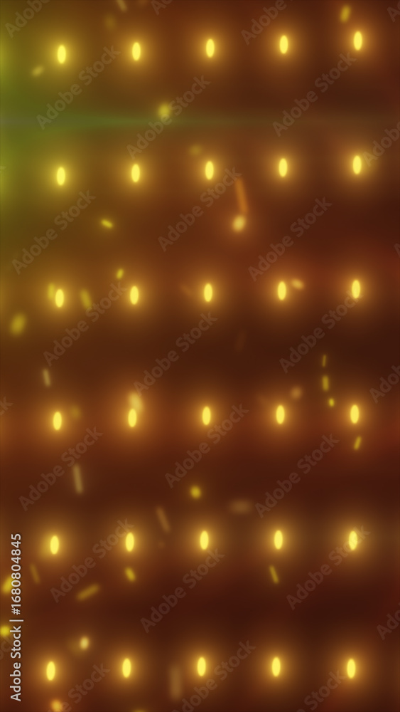 Poster warm glowing grid of golden lights with soft bokeh and flying particles on dark background