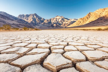Dried lakebed, cracked earth, mountain range