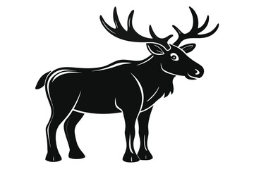 Black silhouette of a large cartoon moose standing isolated on a white background