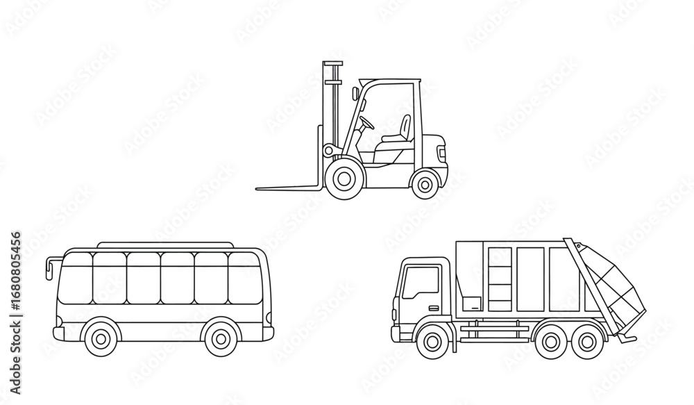 Poster Collection of three distinct vehicle line drawings including a bus a garbage truck and a forklift isolated on a white background