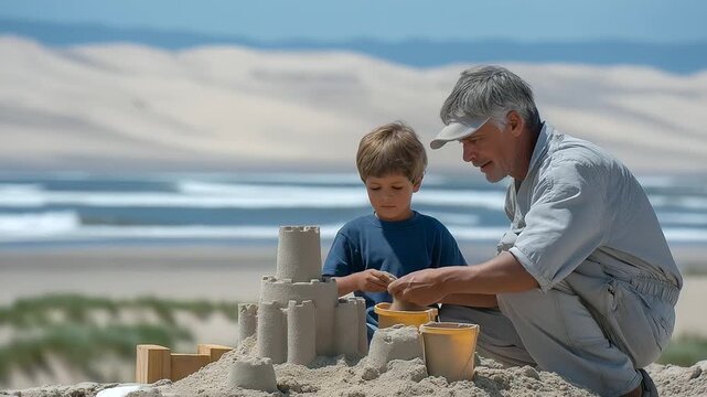 An enthusiastic grandpa builds sandcastles with his 9 year old grandson on a beach with buckets filling moats digging and waves lapping nearby captured in a sandy photo with gra