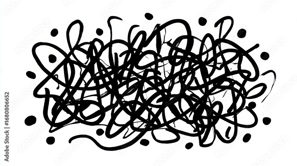 Poster abstract black ink doodle with chaotic lines and random dots on a white background