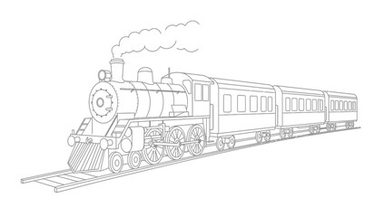 Detailed black and white line art illustration of a classic steam locomotive pulling passenger carriages along a railway track