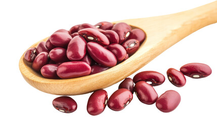 Red beans being poured from wooden spoon on transparent background
