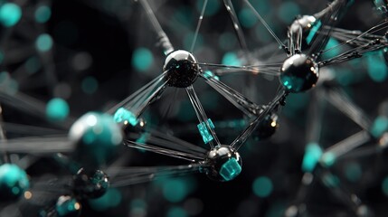 A complex network of metallic spheres connected by intricate, dark lines, accented by vibrant turquoise accents, creates a sophisticated and modern visual representation.