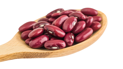 Red beans being poured from wooden spoon on transparent background