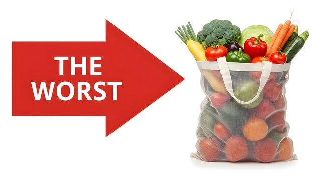 Bag of Fresh Vegetables with Red Arrow and the Worst Text in White on Red Background