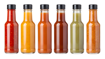 Six Glass Bottles of Hot Sauce Arranged in Two Columns Against a Black Background Red Orange Brown Dark Brown Green Light Orange Hot Sauce Bottles