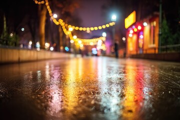 Obraz premium Ice-covered city street at night, blurred lights reflecting