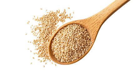 Sesame seeds poured from wooden spoon on transparent background