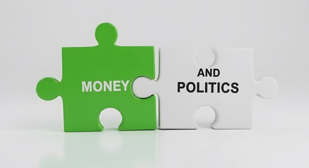 Green Puzzle Piece with Money Text Connected to White Puzzle Piece with Politics Text on White Background