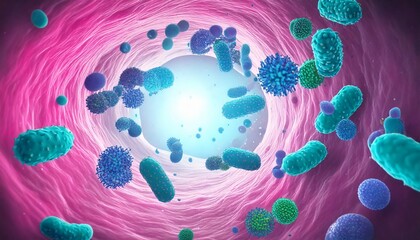 3D Illustration of Harmful Bacteria Floating in Degraded Intestinal Environment.