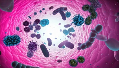 3D Illustration of Harmful Bacteria Floating in Degraded Intestinal Environment.