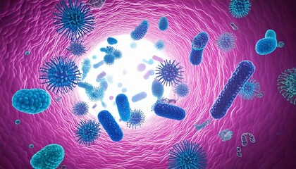 3D Illustration of Harmful Bacteria Floating in Degraded Intestinal Environment.