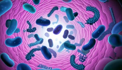3D Illustration of Harmful Bacteria Floating in Degraded Intestinal Environment.
