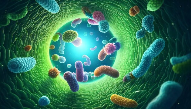 3D Illustration of Harmful Bacteria Floating in Degraded Intestinal Environment.
