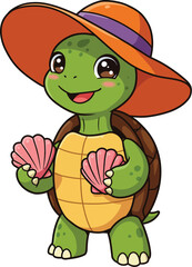 Fototapeta premium Cute Cartoon Turtle Wearing Summer Hat Holding Seashells for Beach and Holiday Illustration