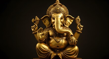 Fototapeta premium Golden Elephant God Sitting with Ornate Headdress on Dark Background