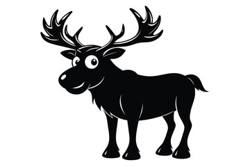 Cartoon moose stands happily in black silhouette over a white background