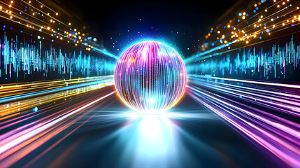 Glowing Digital Sphere In Light Tunnel