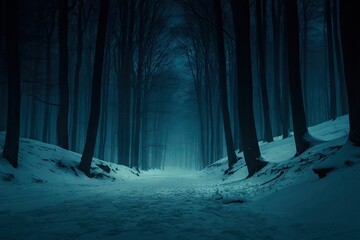 Snow-covered forest path at night