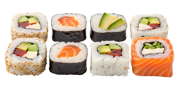 Eight assorted sushi pieces arranged in two rows showcasing various fillings including salmon avocado cucumber and tofu against a black background - Powered by Adobe