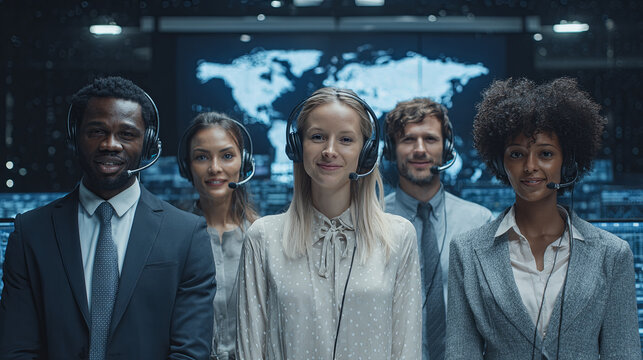 Customer service team working collaboratively in monitoring center, wearing headsets near large world map screen, representing international communication and support