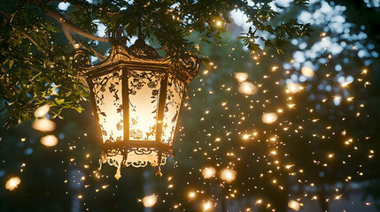 Pixilated Golden Lantern Hanging In Tree At Night