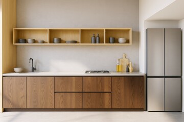 Modern minimalist kitchen interior with wooden cabinets, open shelving, and stainless steel fridge in bright neutral indoor background.