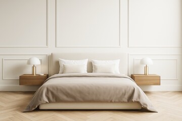 Minimalist modern bedroom with elegant beige bedding and wood accents on white paneled walls and chevron floor in soft indoor light.