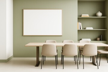 Contemporary meeting room interior with beige chairs, wooden table, blank white frame on soft green wall and built-in shelves with decor and books.
