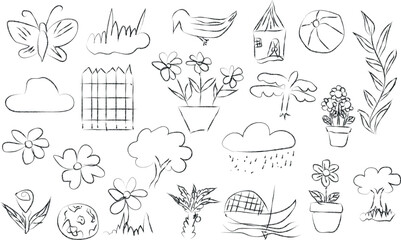 Whimsical Hand-Drawn Nature Elements Vector Set A Collection of Doodle Style Illustrations Featuring Plants, Animals, and Outdoor Scenes