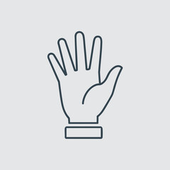 Obraz premium Outline of a human hand raised with palm facing forward, set against a light gray background, symbolizing communication