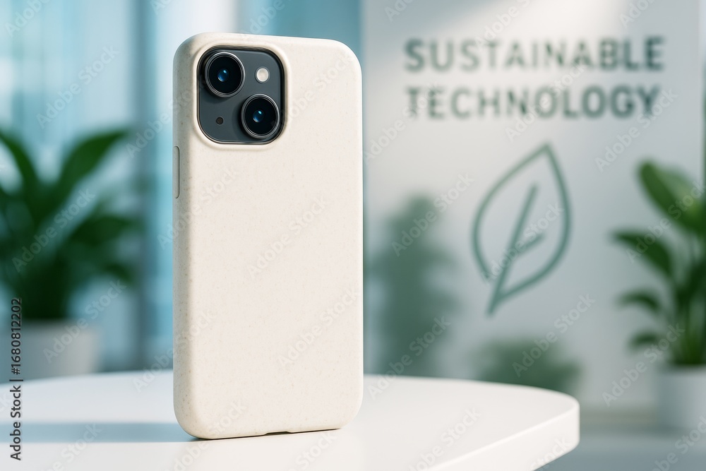 Poster eco-friendly smartphone case on table with blurred sustainable technology background and indoor plan