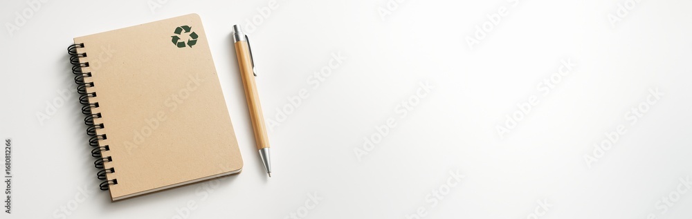 Poster recycled kraft notebook and bamboo pen on light background with copyspace for eco-friendly writing o