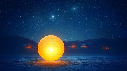 Fototapeta premium Glowing Lantern Under Starry Night Sky Over Frozen Landscape