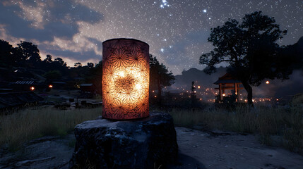 Glowing Lantern In A Starlit Village
