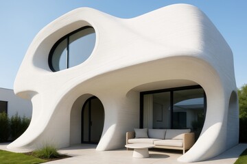 Futuristic white house with curvy organic shapes and outdoor furniture in front under soft daylight on clear sky background. Ai generative. Ai generative