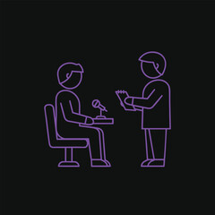 Two individuals engaged in an interview setting, one speaking into a microphone while the other takes notes