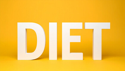Large white DIET typography on yellow gradient backdrop. Nutrition, healthy eating, lifestyle.