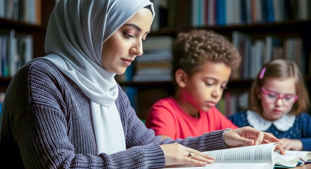 Obraz premium Muslim woman teaches diverse children reading in library, fostering education