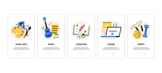 A vector illustration of school subjects and education. Includes arts, music, literature, coding, and sports. Perfect for learning apps and creative teaching designs.